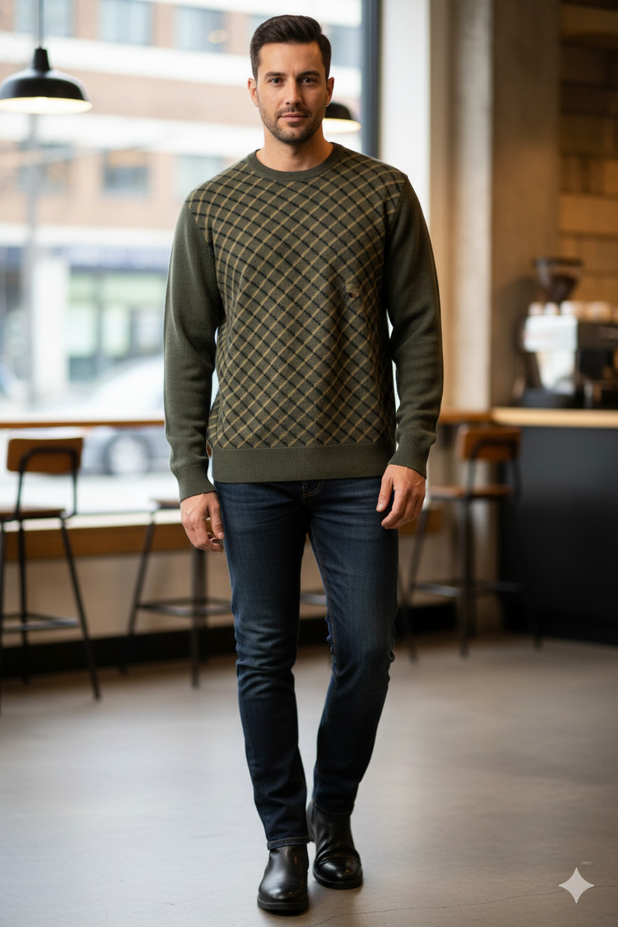 Fiji Mens Sweater Large Olive green Plaid Made In Italy Relaxed soft Size L